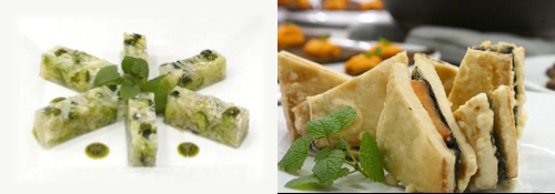 野菜のゼリー寄せ（左）、高野豆腐と冬野菜のはさみ揚げ（右）